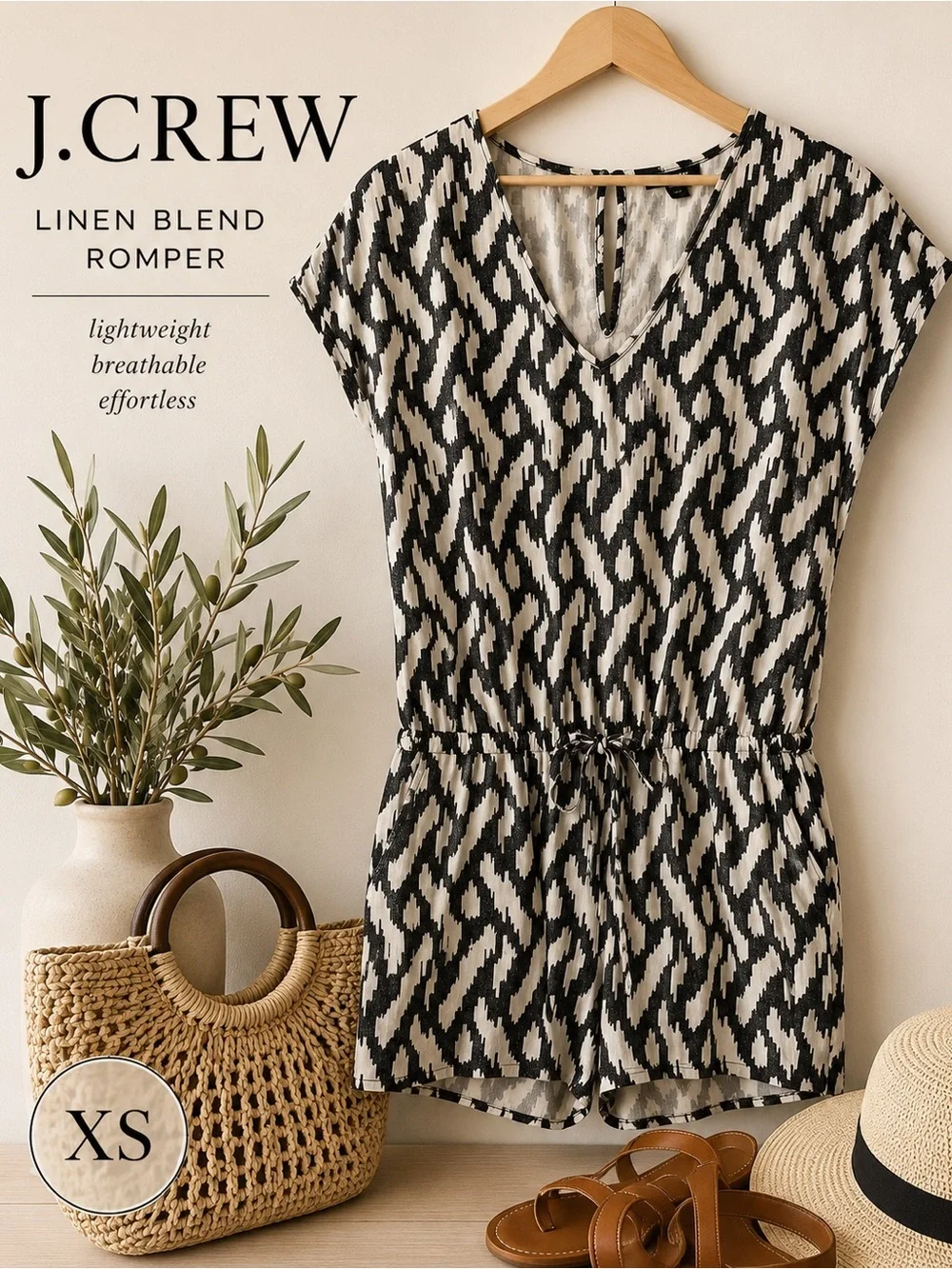 J.Crew Black White Ikat Print Linen Lyocell Romper XXS Pockets Summer Vacation